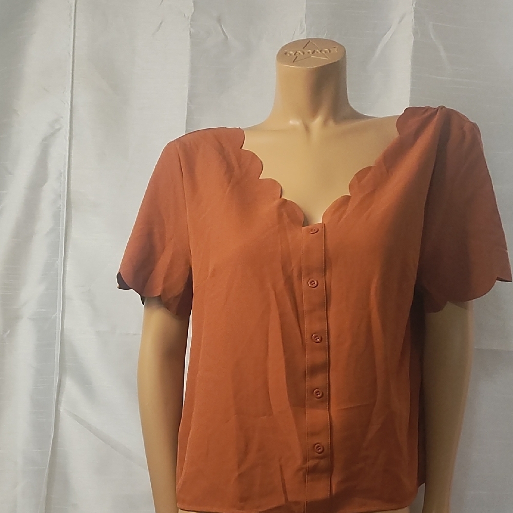 SHEIN Orange‎ Scalloped Short Sleeve Blouse